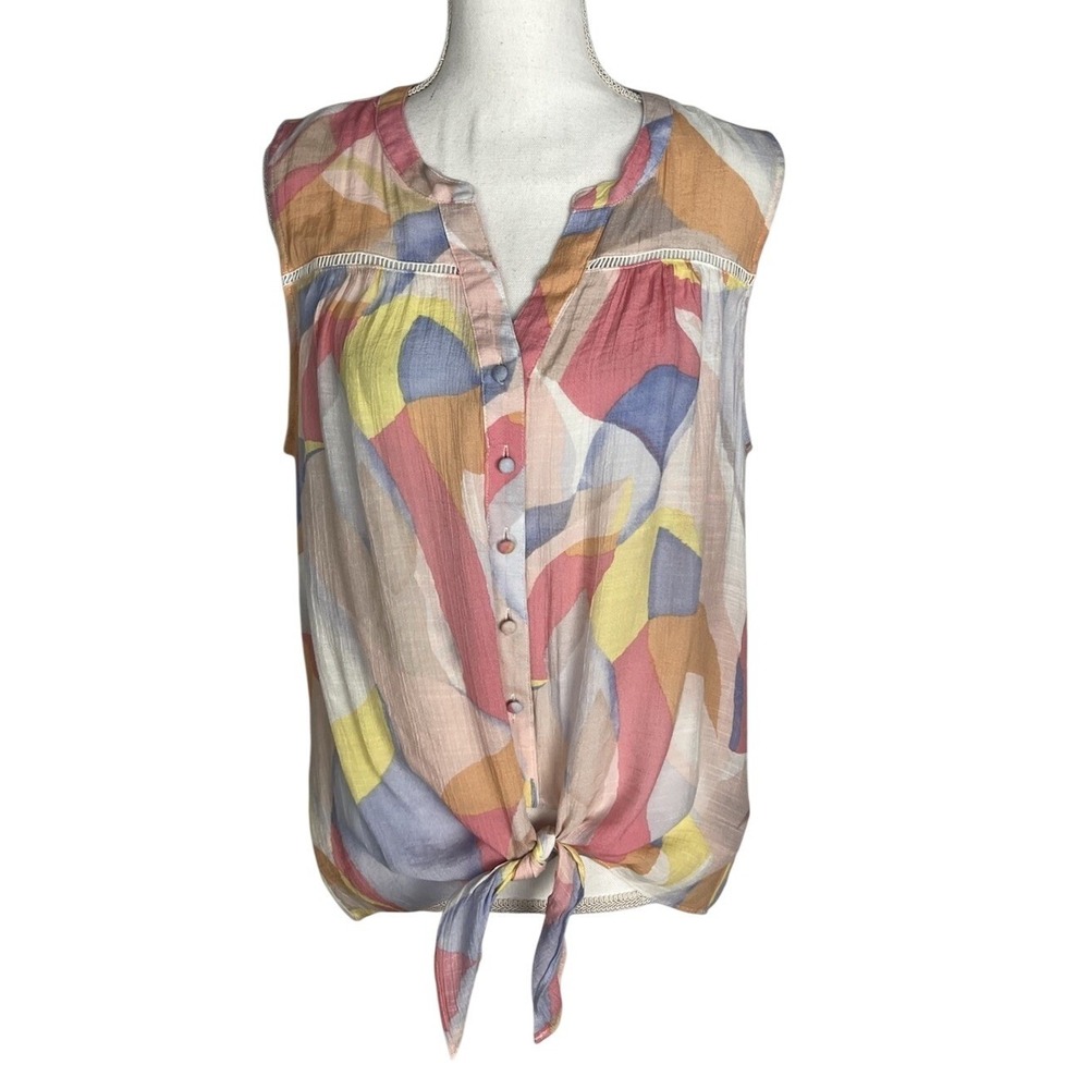 Zac Rachel Shirt Top Womens‎ Size L Tie Front Sleeveless Colorful Rayon Blend